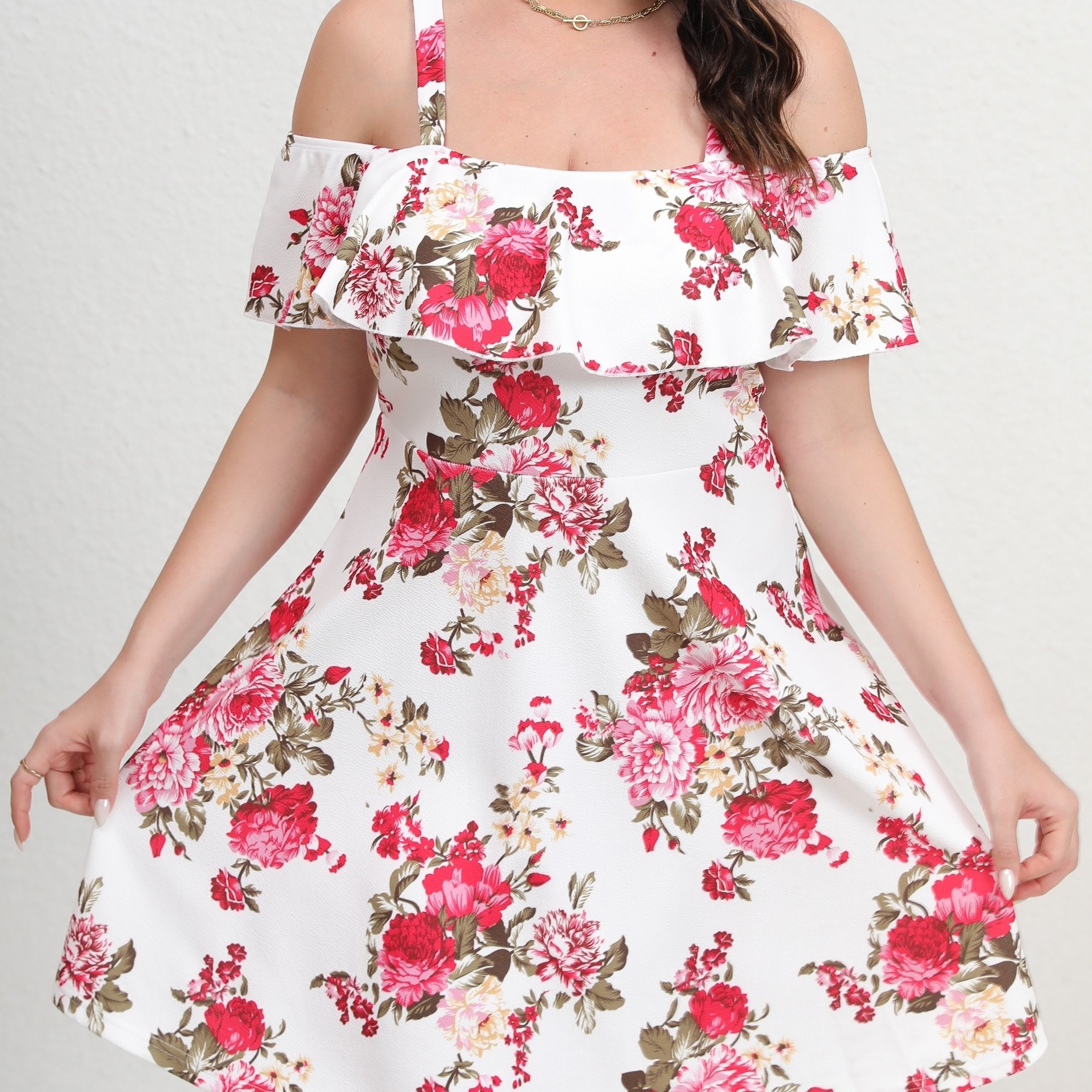 Women's Plus Floral Print Cold Shoulder Ruffle Trim Mini Dress