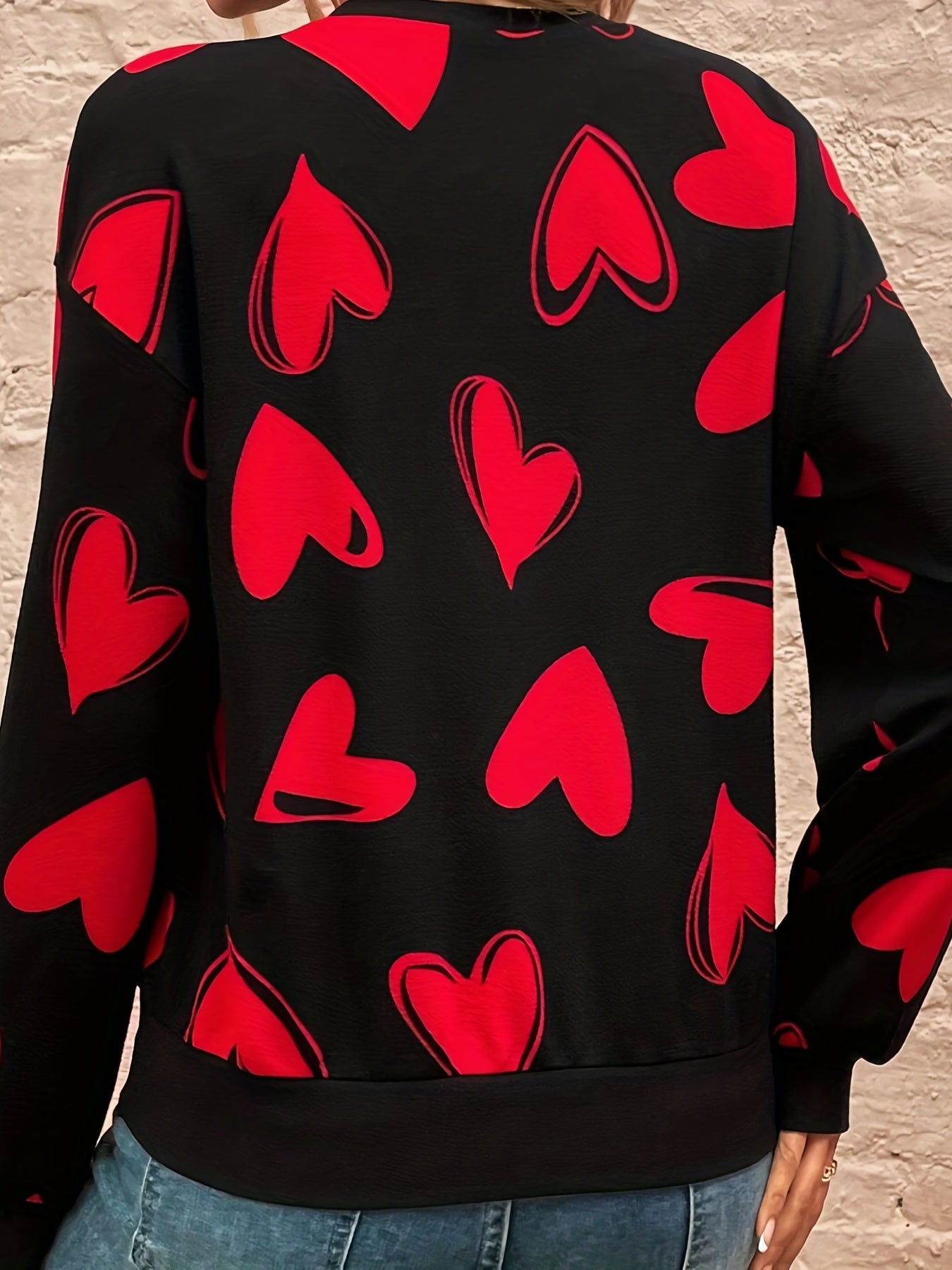Heart Print Pullover Sweatshirt Women's Crew Neck Fall & Spring Casual Top