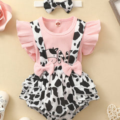 Cow Print Sleeveless Romper Set for Baby Girls