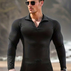 Men's Quick Dry Slim Fit Shirt Active Mid Stretch Lapel Zip Long Sleeve