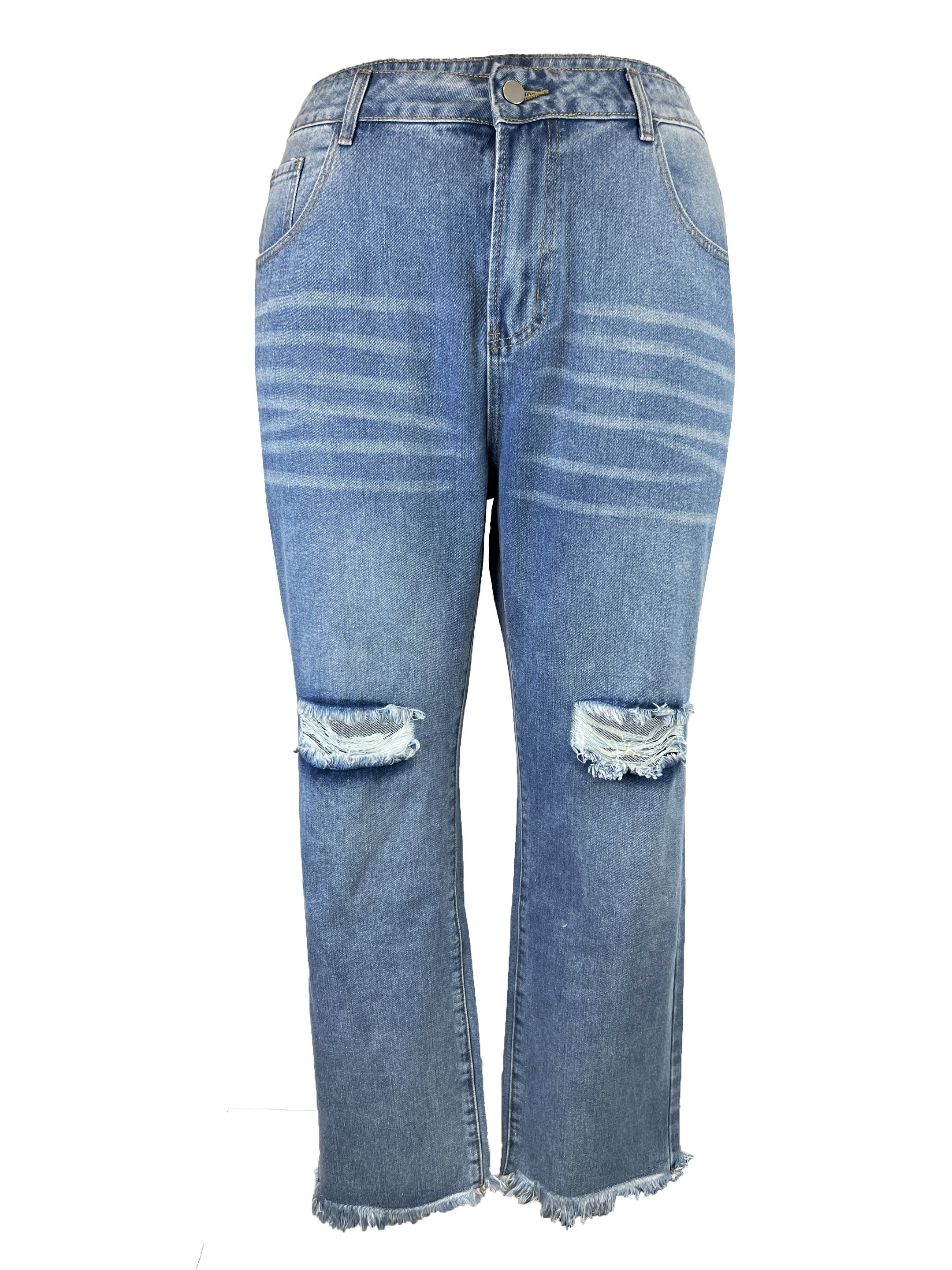 Women's Plus Ripped Raw Trim High Rise Loose Fit Jeans