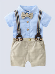 Boys 2 Pc Outfit: Button Down Tee & Suspender Shorts Set