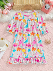 Girl's Dancing Girl Print Pajama Nightdress Round Neck Long Sleeve Dress