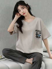 Bunny Print Lounge Set Short Sleeve Crew Neck Top & Pants