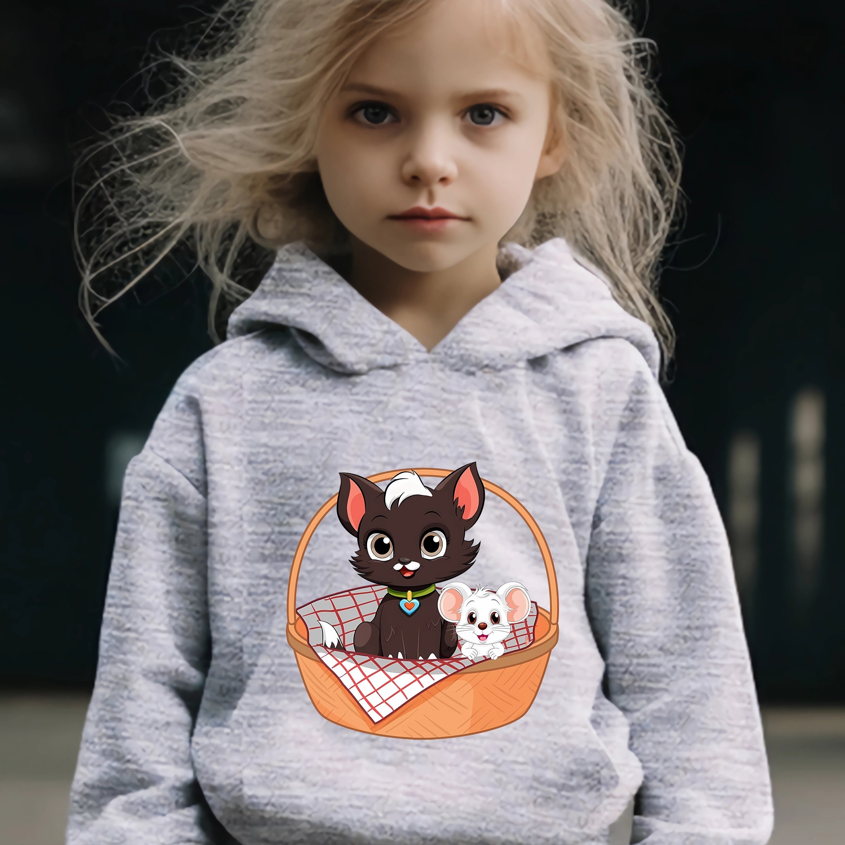 Kid's Cat & Mouse Print Hoodie & Pants Set Girl's Sporty Clothes