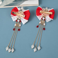 Vintage Embroidered Ribbon Bow Hair Clips with Lace Tassel