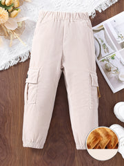 Girls Fleece Warm Winter Corduroy Trousers Elastic Waist Pocket Cargo Pant