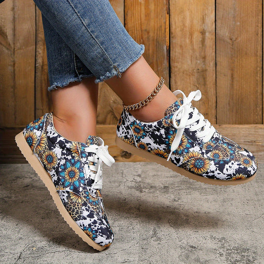 Cow & Sunflower Print Sneakers Casual Lace Up Shoes