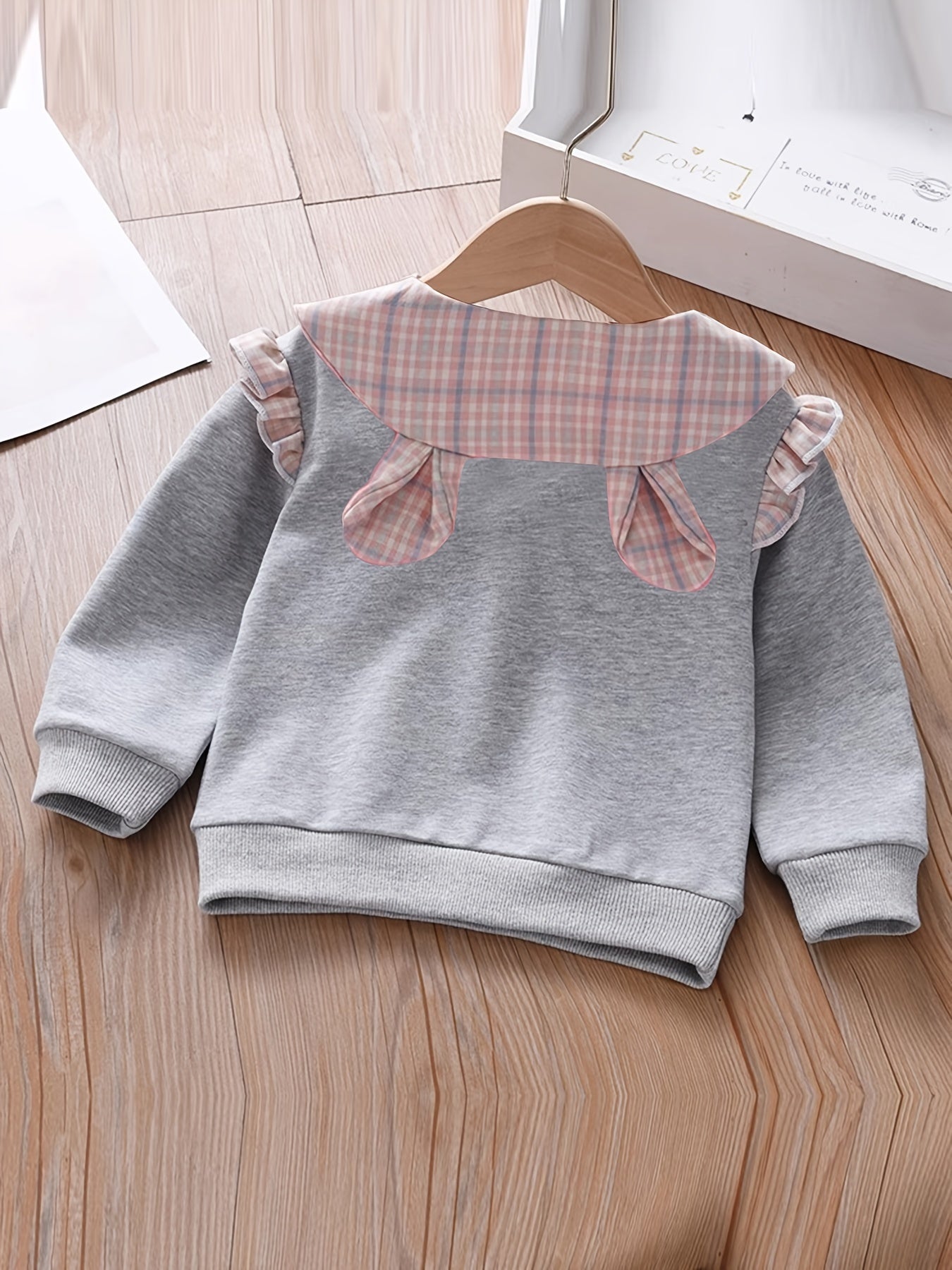 Embroidered Plaid Collar Crew Neck Sweatshirt for Girls