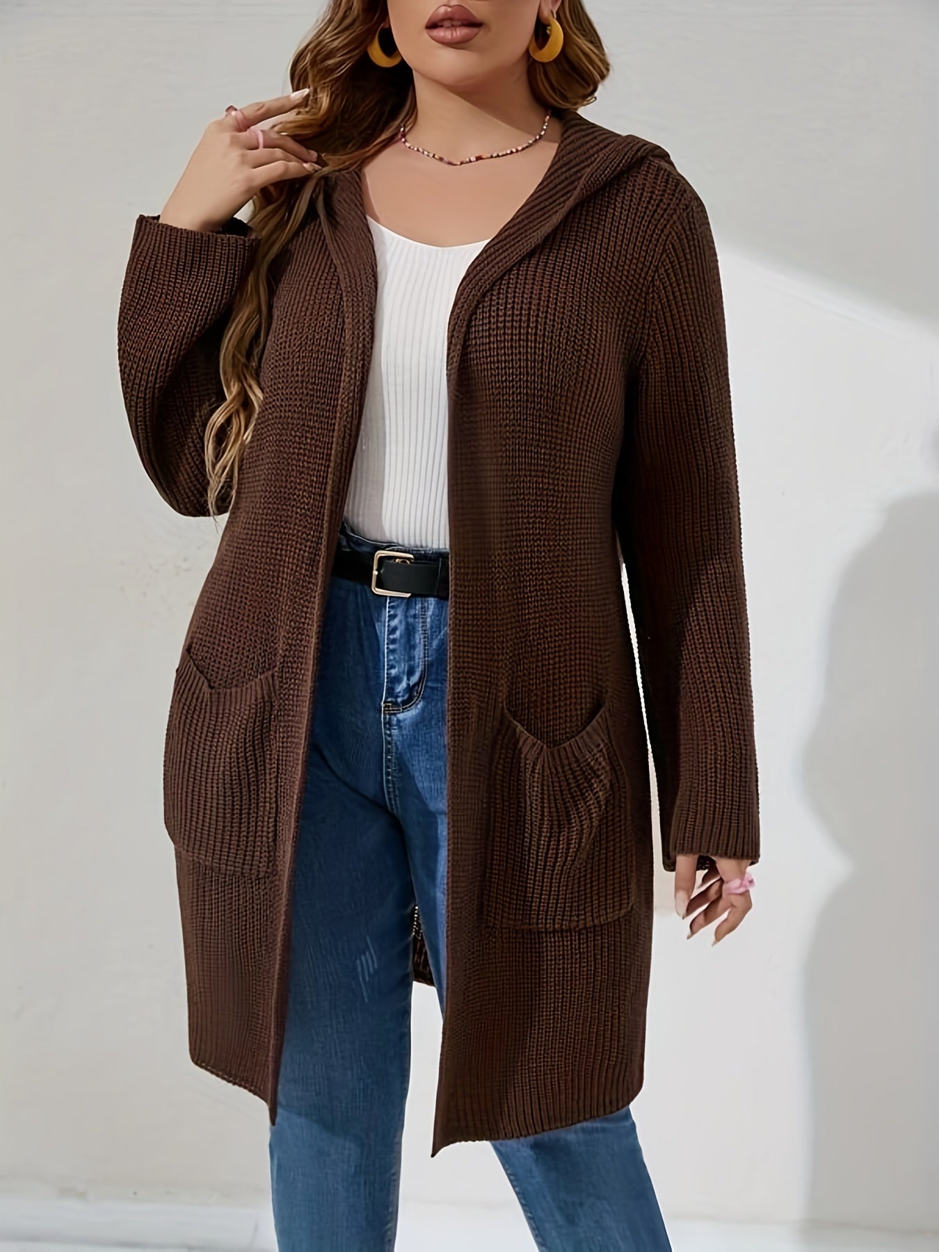 Knit Hooded Overcoat Cardigan Women's Long Sleeve