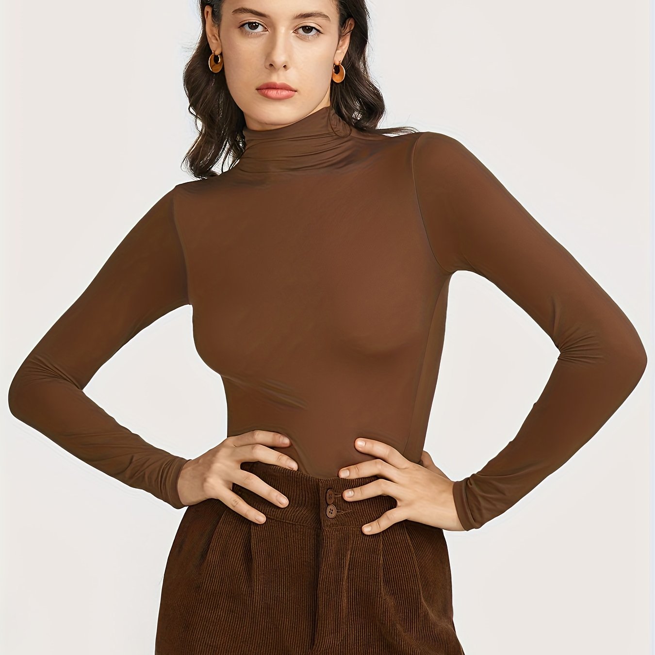 Solid Long Sleeve Turtleneck Top Soft High Neck Tee Shirt