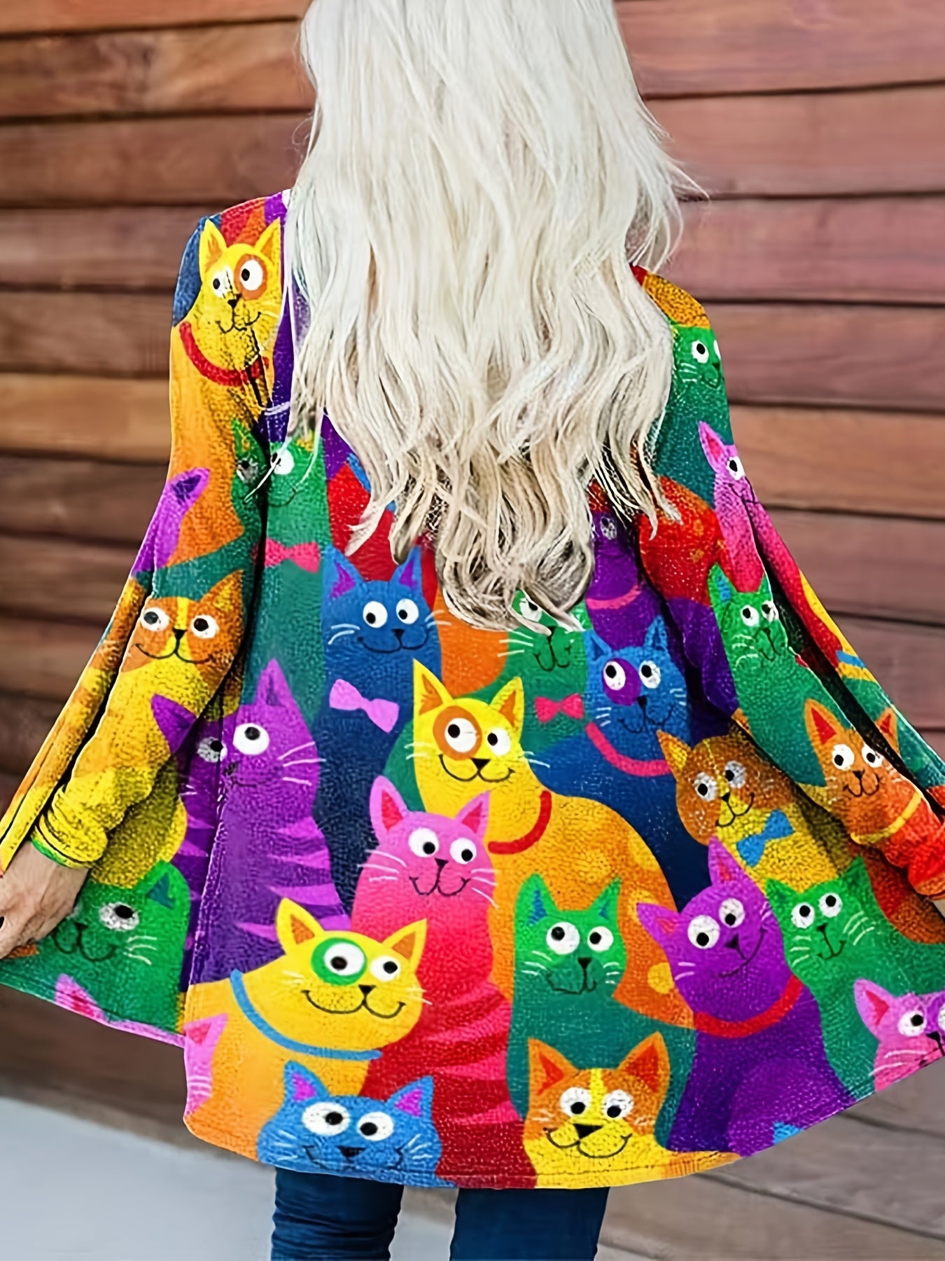 Colorful Cat Print Open Front Cardigan Casual Long Sleeve Cardigan