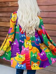 Colorful Cat Print Open Front Cardigan Casual Long Sleeve Cardigan