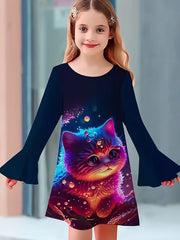 Dreamy Kitty Graphic Crew Neck Long Sleeve Dress Girls Spring Fall