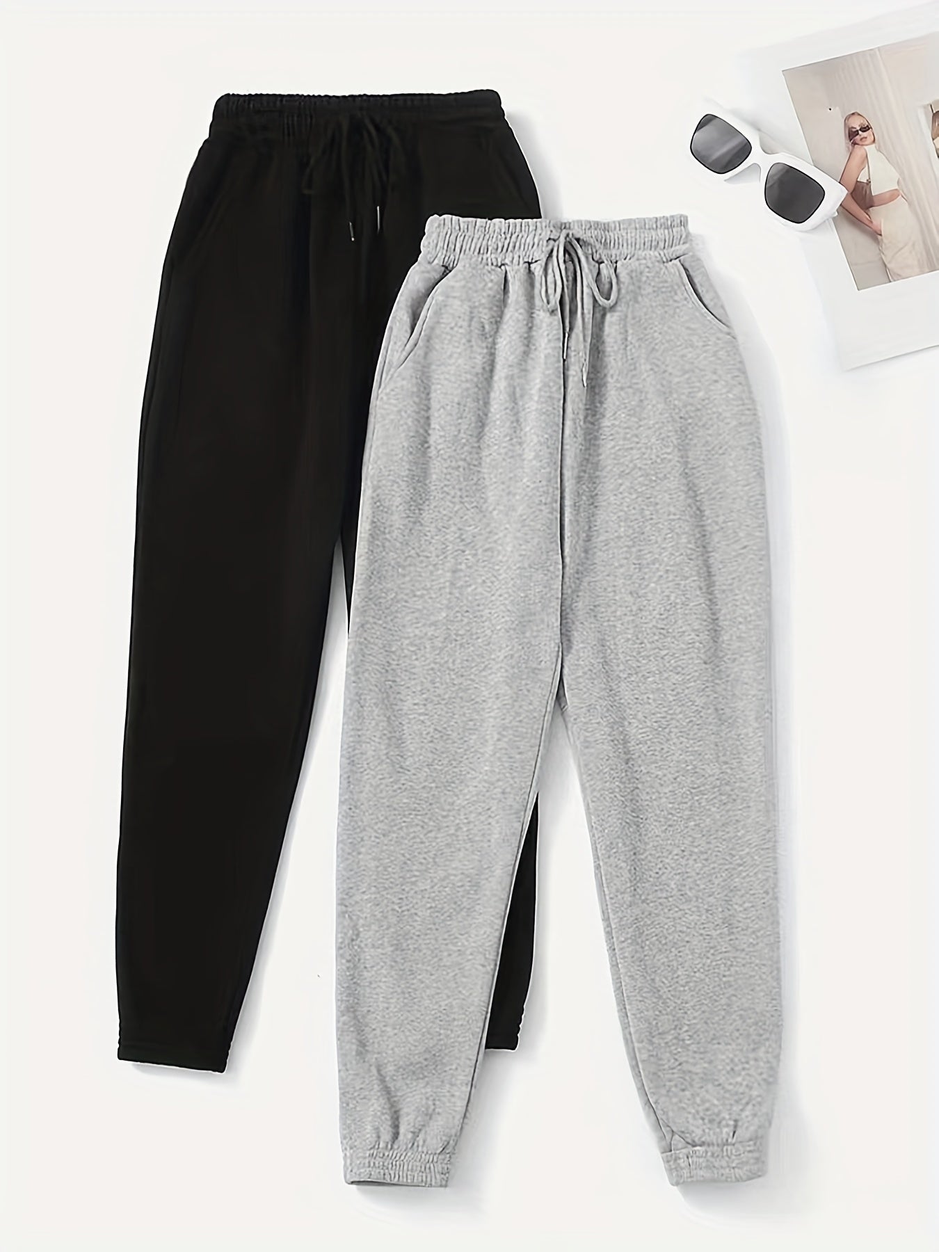 2pcs Women's Solid Loose Pants with Elastic Waist