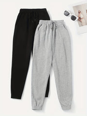 2pcs Women's Solid Loose Pants with Elastic Waist