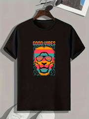 Cartoon Lion Print Men's Graphic Tee for Summer