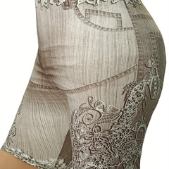 Denim & Floral Print High Rise Skinny Shorts