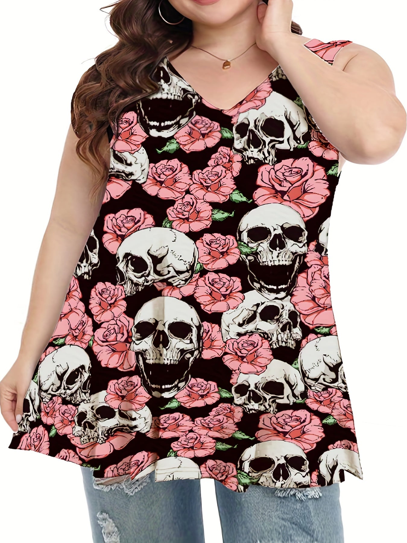 Rose Print Tank Top Women's Round Neck Slight Stretch