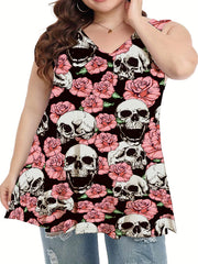 Rose Print Tank Top Women's Round Neck Slight Stretch