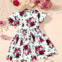 Baby Girls Flowers Print Short Sleeve Round Neck Princess Dress Summer Clothes