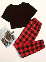Casual Lounge Set Solid Crop Top & Plaid Joggers Pajamas