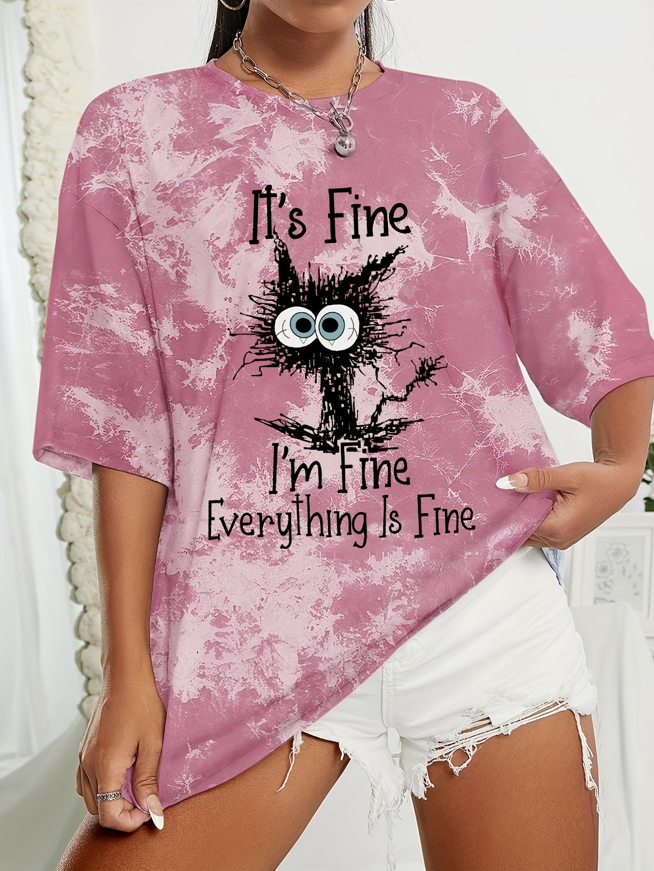 Tie Dye Funny Cat Pattern Casual Sports T-shirts Women's Clothing