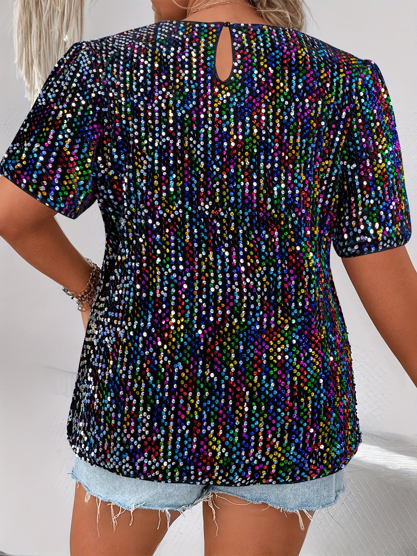 Colorful Sequin Puff Sleeve Party Blouse