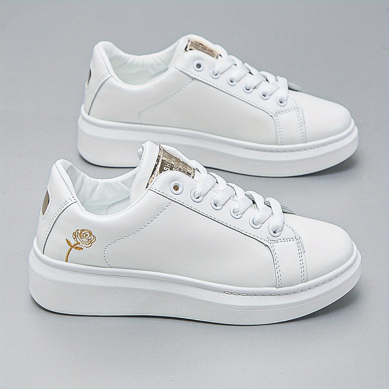 Women's Rose Pattern Skate Shoes Lace Up Thick Sole Flat Shoes