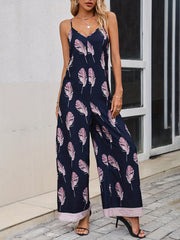 Feather Print Wide Leg Jumpsuit V Neck Spaghetti Strap Women's Clothing