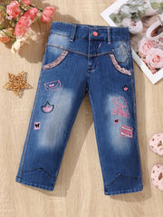 Girls' Embroidered Denim Stretch Pants, Cropped Length