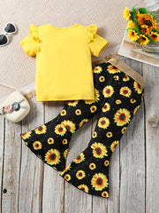 2pcs Toddler Girls LITTLE MISS SASSY Ruffle Trim T Shirt & Sunflower Pants Set