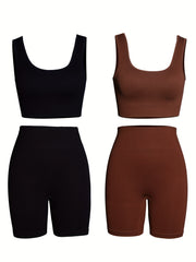 4pcs Women's Seamless Backless Tank Sport Bra & High Waist Shorts Set