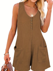 Button Front Dual Pockets Romper Casual Sleeveless Jumpsuit