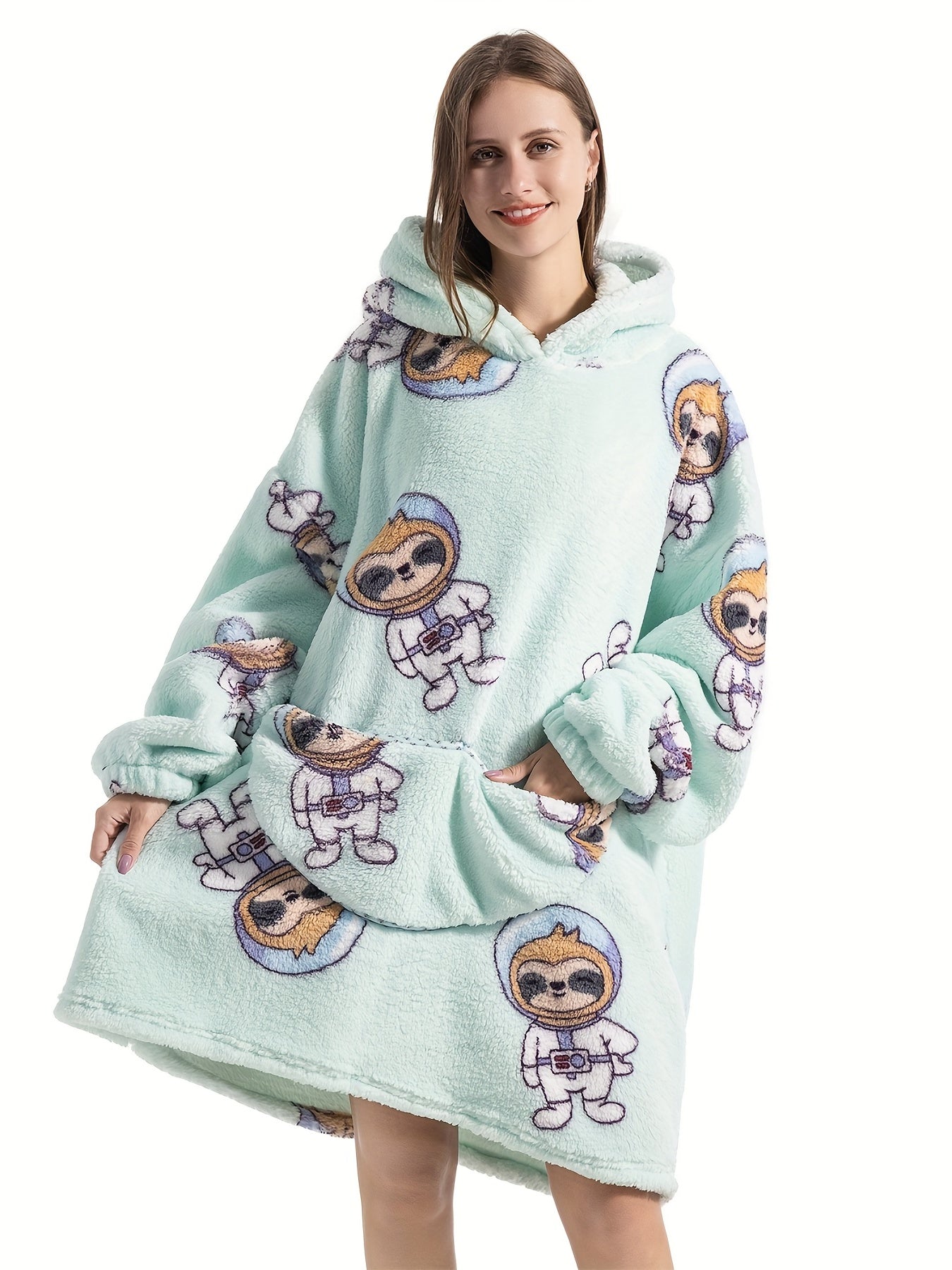 Women's Plus Size Sloth Pattern Fleece Hooded Robe
