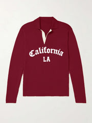 California LA City Print Knit Polo Shirt Men's Stretch V Neck Sweater