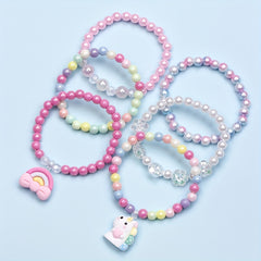 6pcs Unicorn Rainbow Pendant Beaded Bangle Bracelet Set Kids Accessories