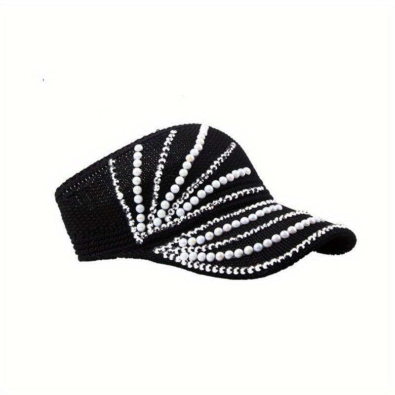 Rhinestone Faux Pearl Summer Visor Solid Sun Hat