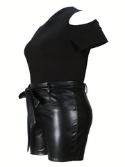 Solid Cold Shoulder Crop Top & Faux Leather Shorts Set