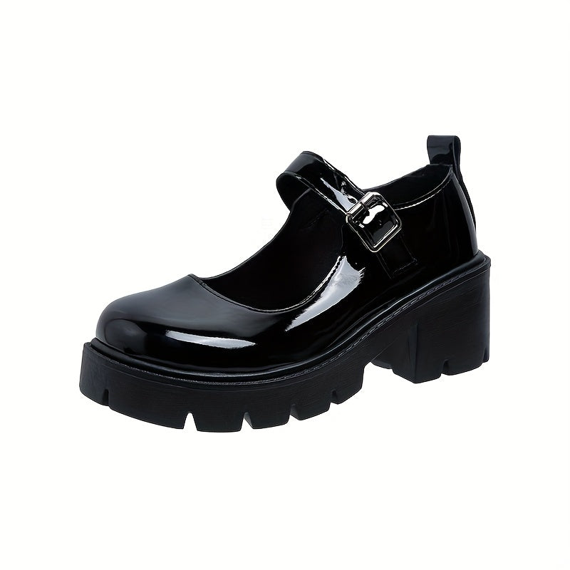 Women's Platform Round Toe Buckle Strap Chunky Heeled Loafers