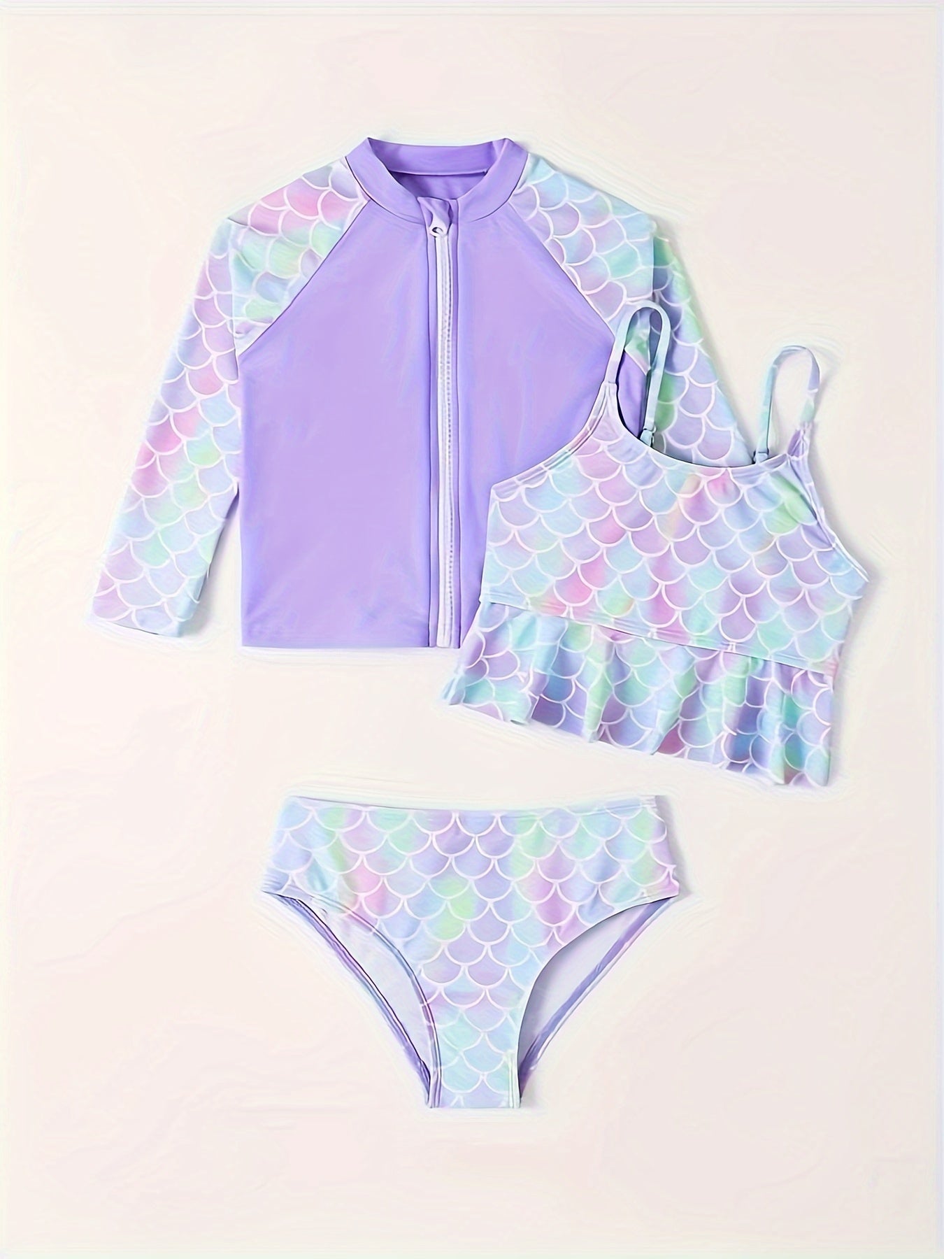 Mermaid Swimsuit Set Quick Drying Zip Front Long Sleeve Cami Top Briefs Kids