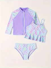 Mermaid Swimsuit Set Quick Drying Zip Front Long Sleeve Cami Top Briefs Kids