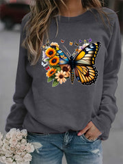 Butterfly Sunflower Print Sweatshirt Women's Casual Long Sleeve Crew Neck