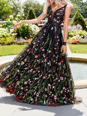 Floral Embroidered V Neck Maxi Party Dress