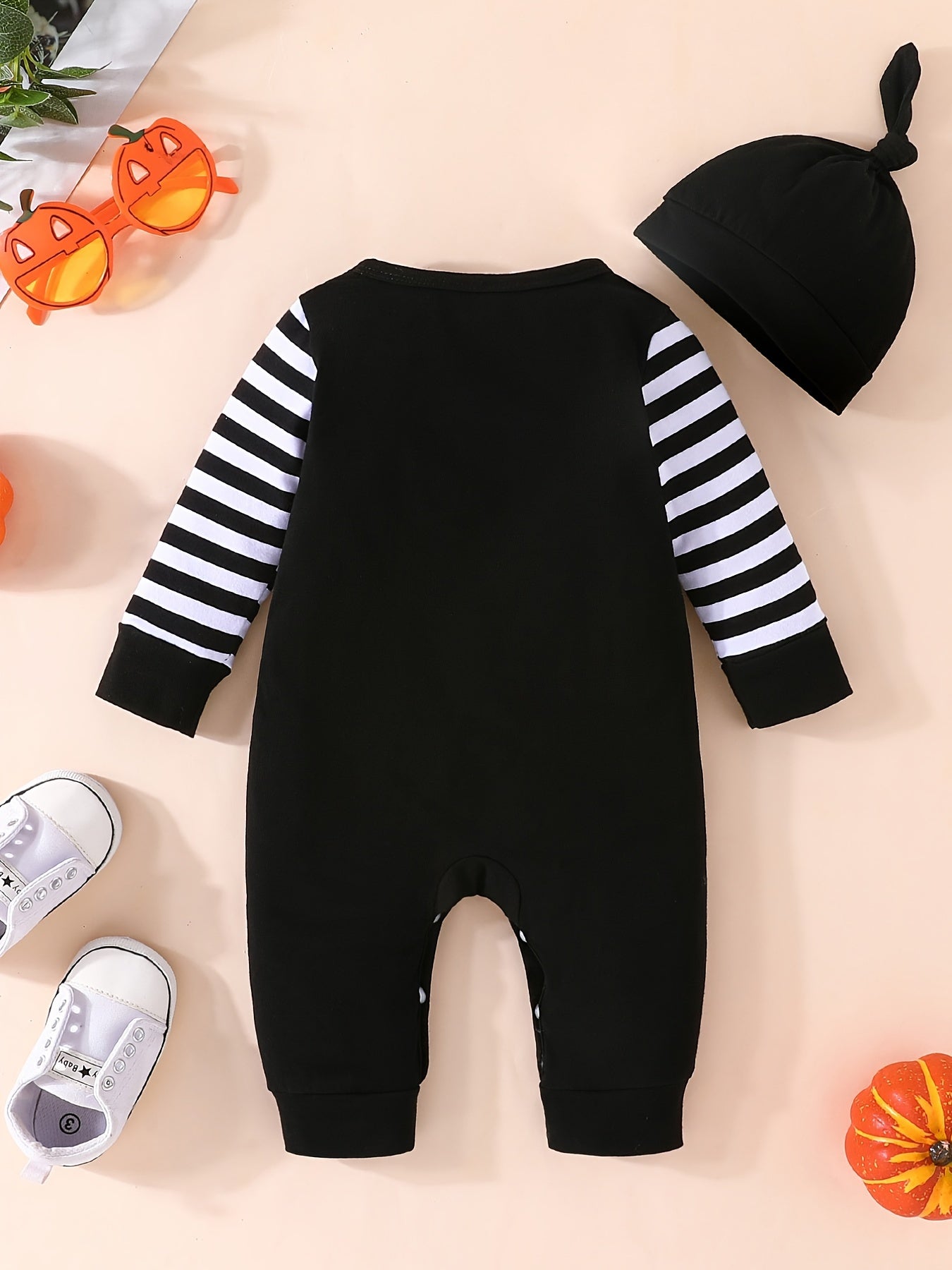 Halloween Striped Long Sleeve Romper Set Baby Bodysuit Hat 2pcs