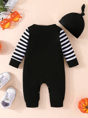 Halloween Striped Long Sleeve Romper Set Baby Bodysuit Hat 2pcs