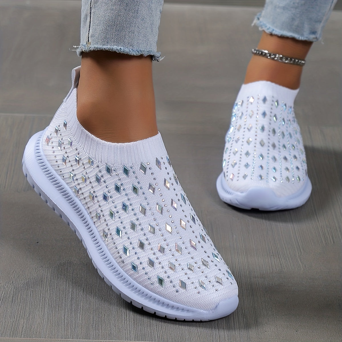 Women's Rhinestone Knit Slip-On Sock Shoes