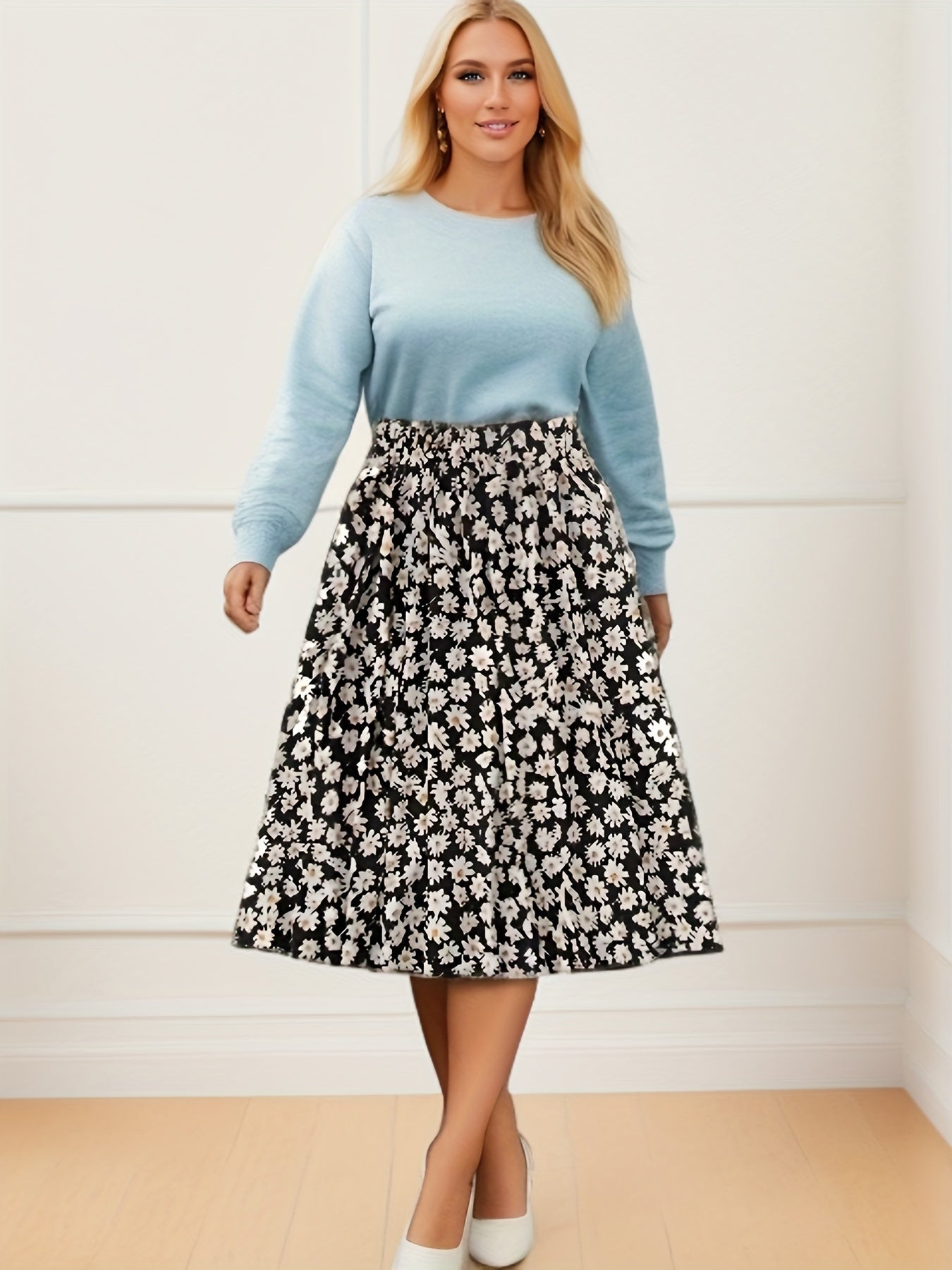Daisy Print Maxi Skirt Elastic High Rise Slight Stretch