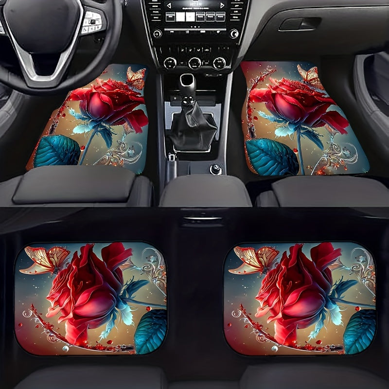 Artistic Red Rose Pattern Car Floor Mat 4pcs