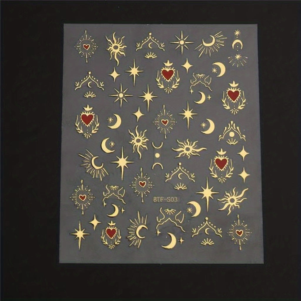 Golden Sun Moon Star Nail Art Stickers Self Adhesive 3D Decals for DIY Nail Deco